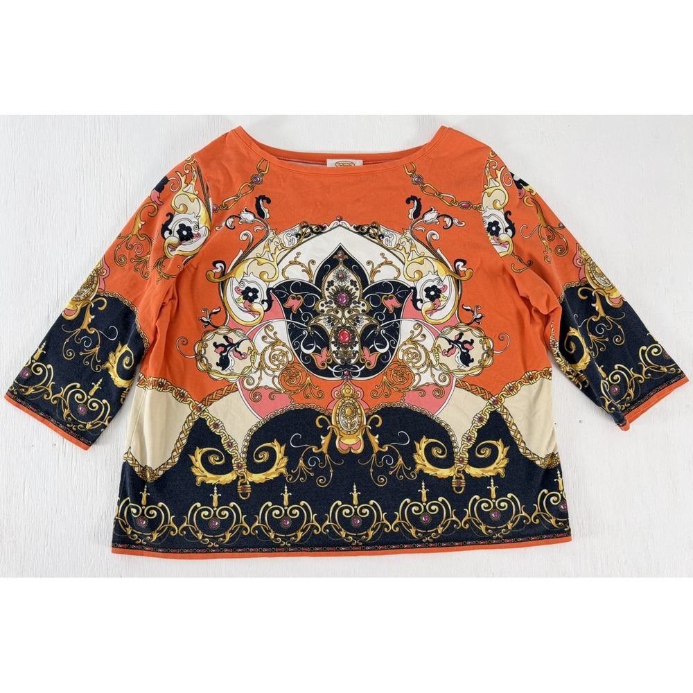 TALBOTS baroque Women's 2X Tunic Shirt 3/4 Sleeve Multicolor Orange Gold Top
